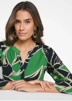 bonprix bonprix Vestido tipo túnica de viscosa fluida Verde ópalo/azul marino de flores Discount