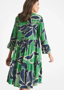bonprix bonprix Vestido tipo túnica de viscosa fluida Verde ópalo/azul marino de flores Discount