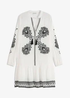 bonprix bonprix Vestido tipo túnica de viscosa estructurada Blanco lana-negro estampado New