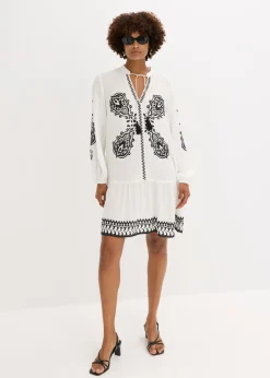bonprix bonprix Vestido tipo túnica de viscosa estructurada Blanco lana-negro estampado New