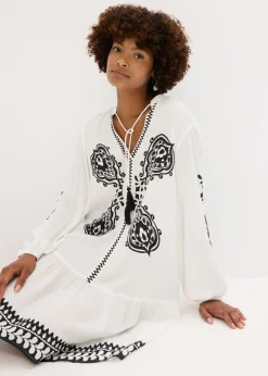 bonprix bonprix Vestido tipo túnica de viscosa estructurada Blanco lana-negro estampado New