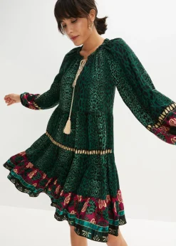 bonprix bonprix Vestido tipo túnica de viscosa fluida estampado leo verde oscuro Clearance