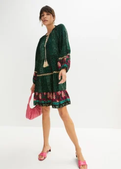 bonprix bonprix Vestido tipo túnica de viscosa fluida estampado leo verde oscuro Clearance