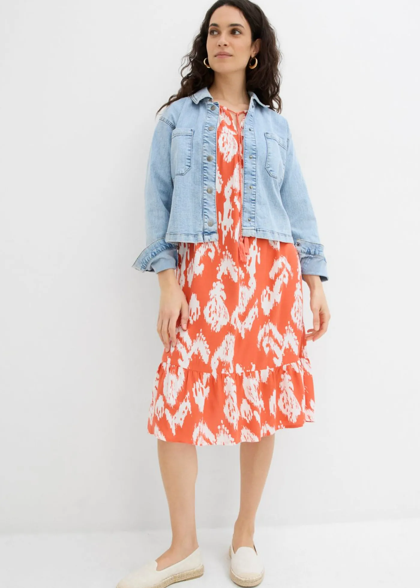 bonprix bonprix Vestido tipo túnica de viscosa pura Cayena/blanco lana estampado Sale