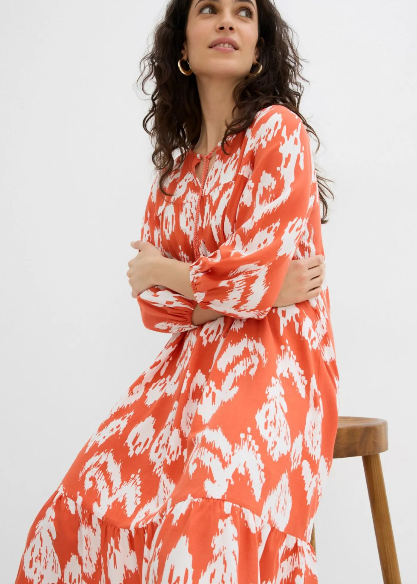 bonprix bonprix Vestido tipo túnica de viscosa pura Cayena/blanco lana estampado Sale