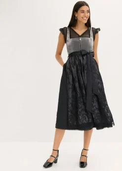bonprix bonprix Vestido tirolés con terciopelo y largo midi (2 piezas) Negro Hot