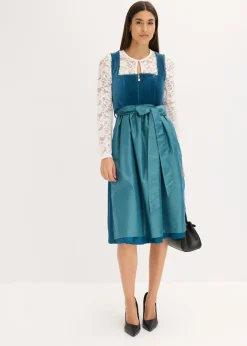 bonprix bonprix Vestido tirolés con terciopelo y largo midi (2 piezas) Azul océano Outlet