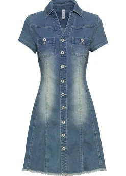 bonprix bonprix Vestido vaquero con botones y dobladillo abierto Azul vaquero Outlet