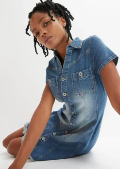 bonprix bonprix Vestido vaquero con botones y dobladillo abierto Azul vaquero Outlet