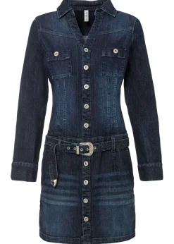 bonprix bonprix Vestido vaquero con cinturón Azul denim almirante sin lavado Online