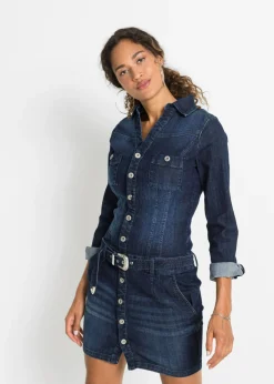 bonprix bonprix Vestido vaquero con cinturón Azul denim almirante sin lavado Online