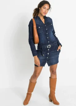 bonprix bonprix Vestido vaquero con cinturón Azul denim almirante sin lavado Online
